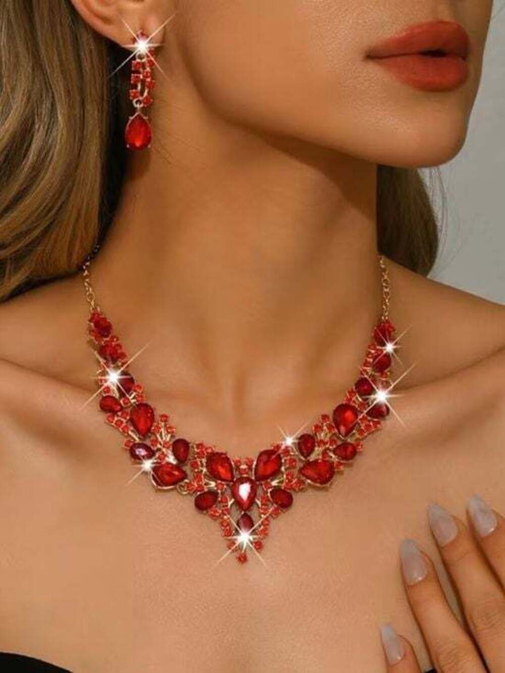 Gold-Tone Red Crystal Statement Necklace with Matching Earrings - Picture 1 of 4